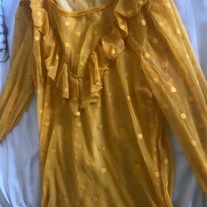 Ruffled yellow dotted see throughout shirt.